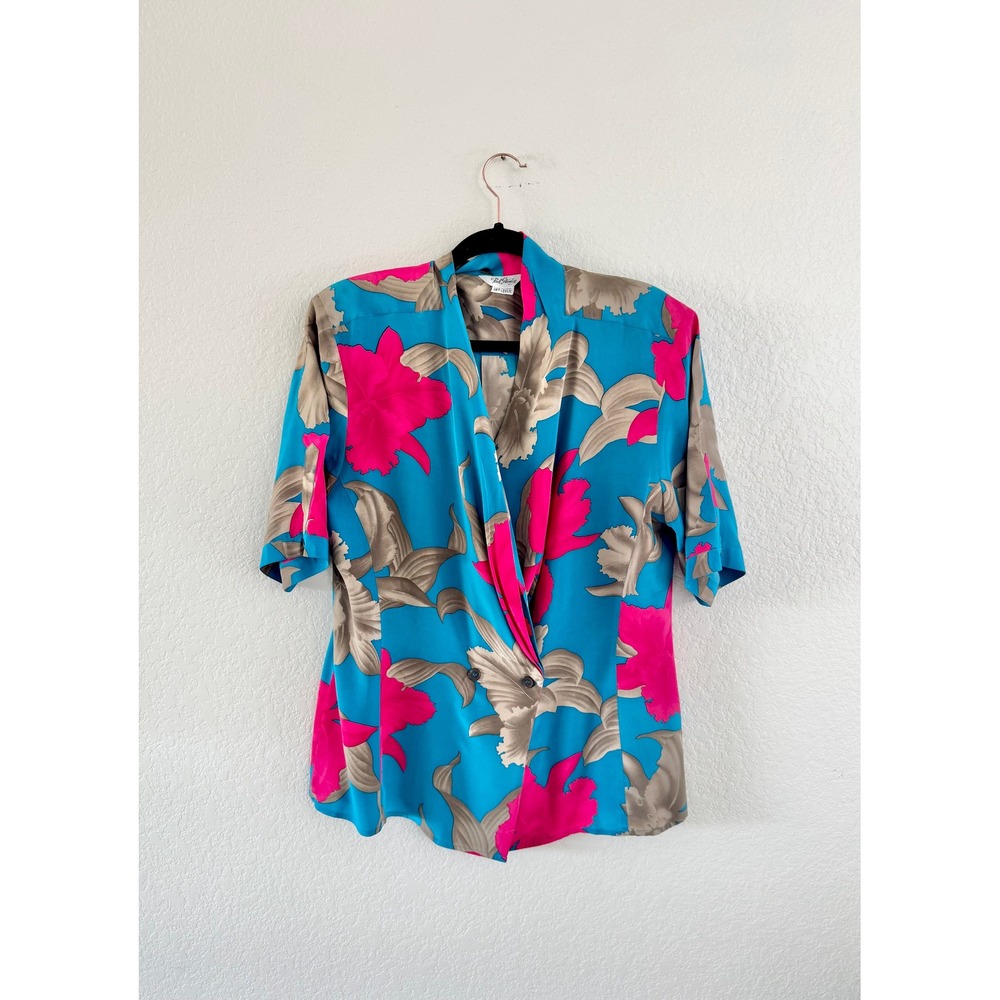 Paul Stanley Blouse Women 14 Blue Pink Silk Floral 80s‎ Vintage Shoulder Pads